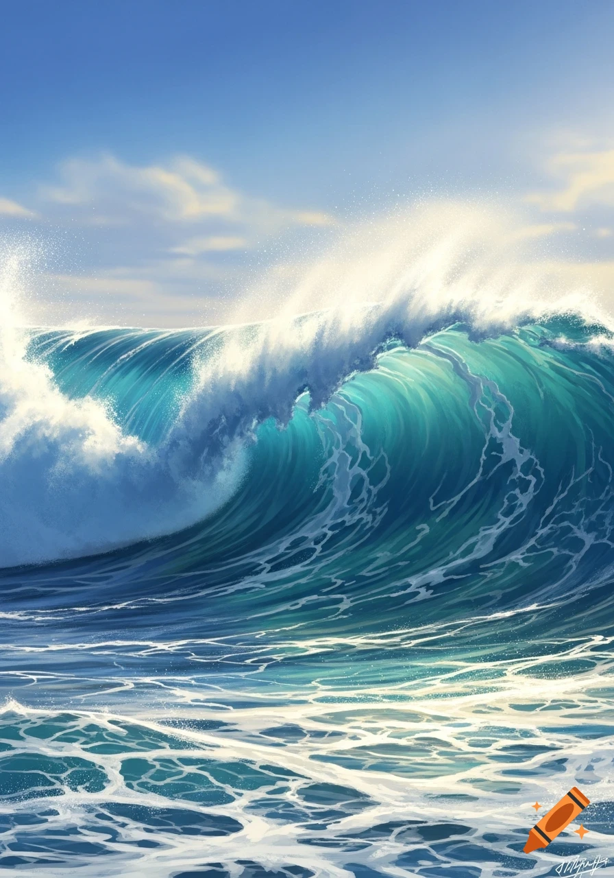 A powerful turquoise and blue ocean wave crashes, covered in white foam and spray under a clear blue sky.