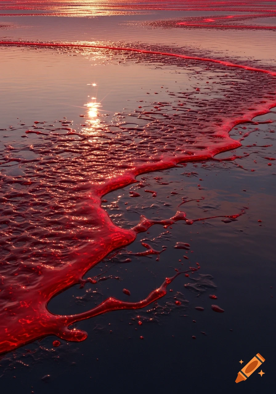 Red, viscous liquid spreads across a dark, reflective surface with shimmering light reflections.
