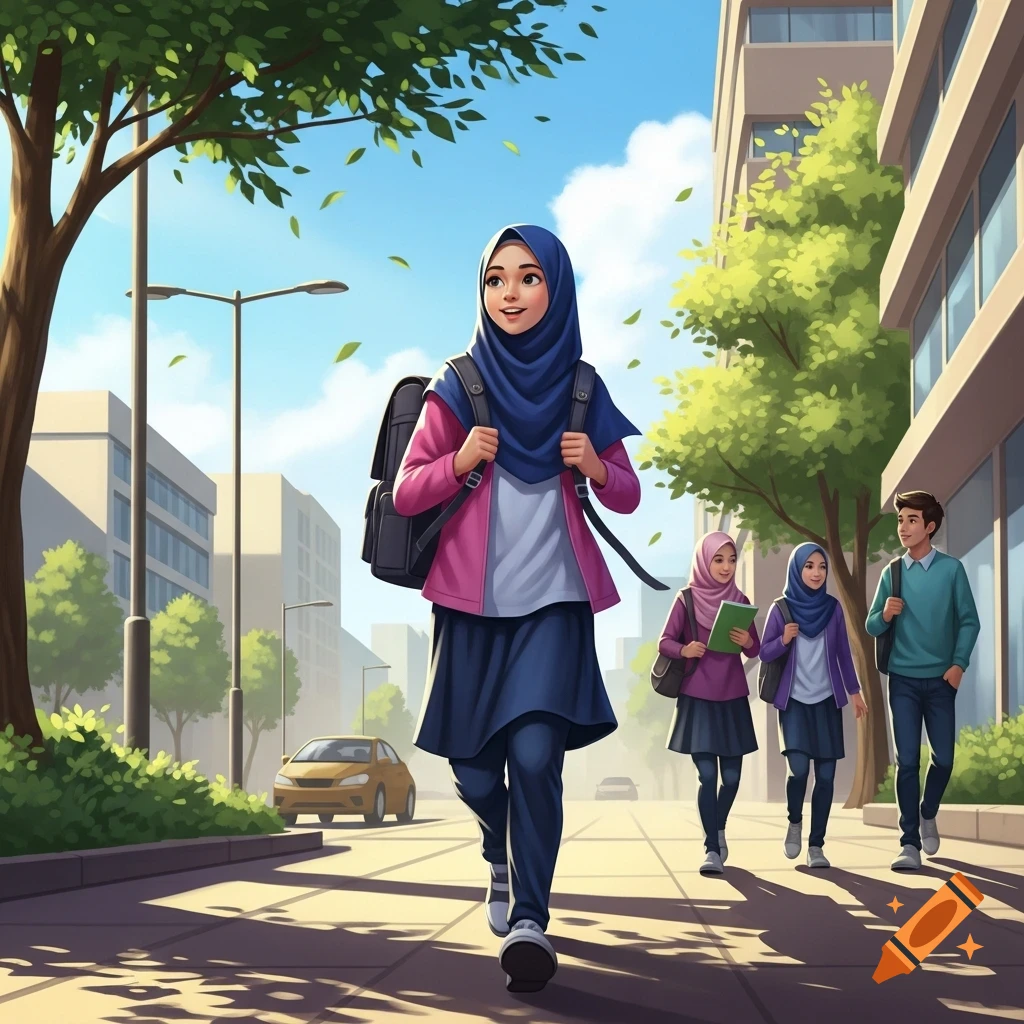Cartoon illustration of Muslim teenagers with backpacks walking down a sunny city street on their way to school.