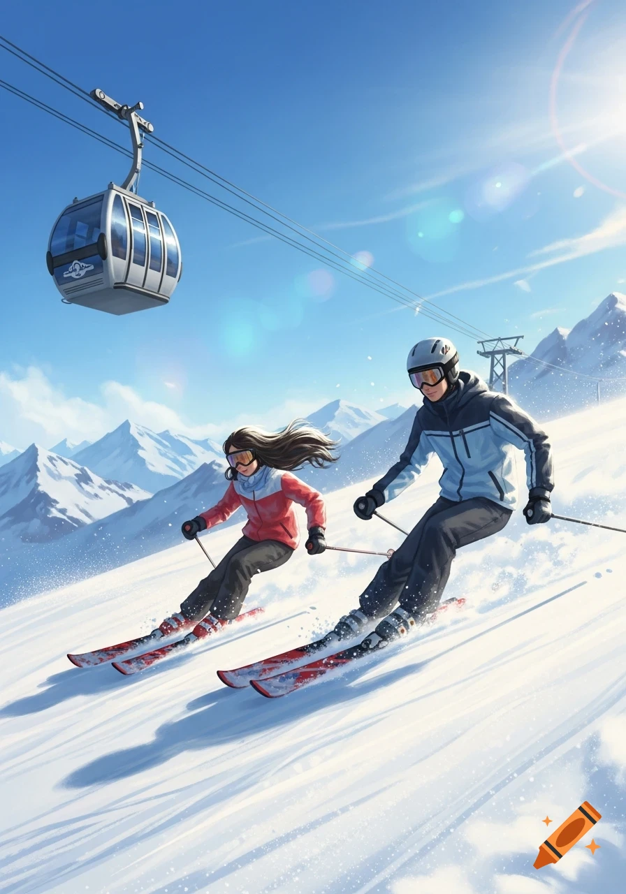 Two people ski down a sunny, snowy mountain slope with a cable car and snowy peaks in the background.
