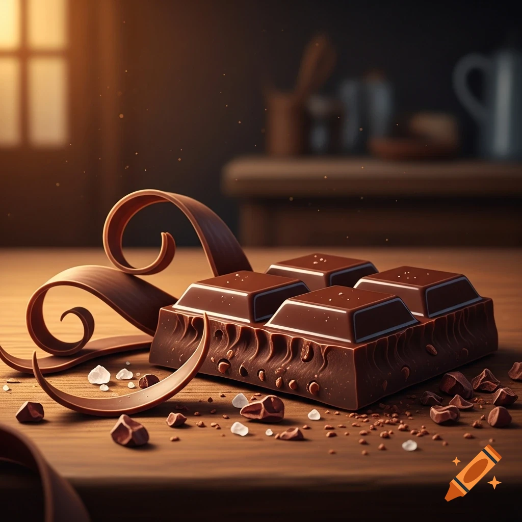 Close-up of a gourmet chocolate bar with curls, shavings, and sea salt on a rustic wooden table under warm lighting.