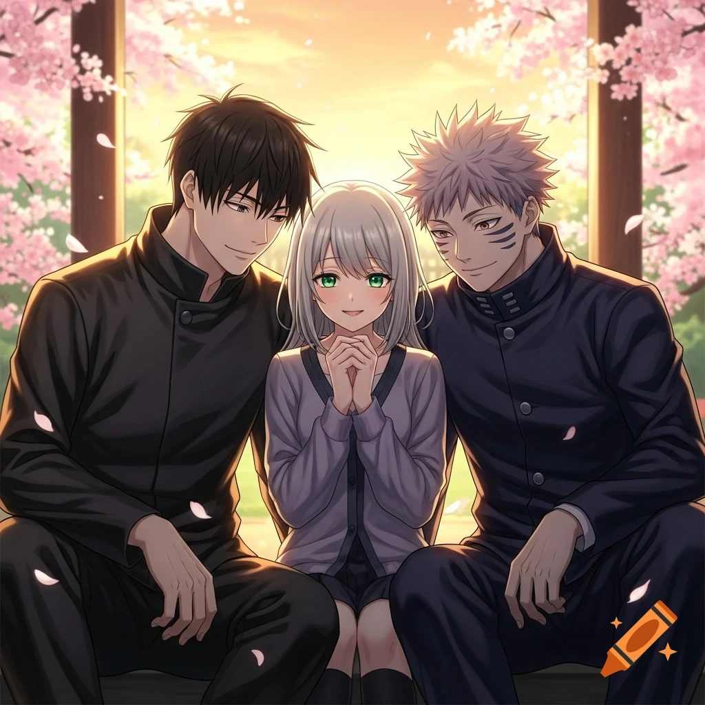 Anime-style portrait of a smiling girl with ash blonde hair and green eyes sitting between two men under cherry blossoms.