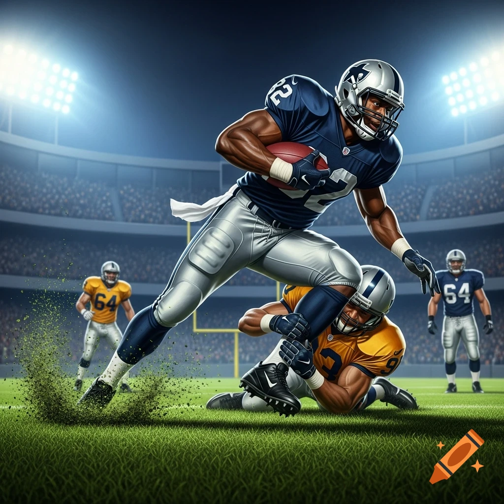 A football player in blue and silver, number 22, runs with the ball while breaking a tackle from an opposing player on a grassy field in a stadium at night.