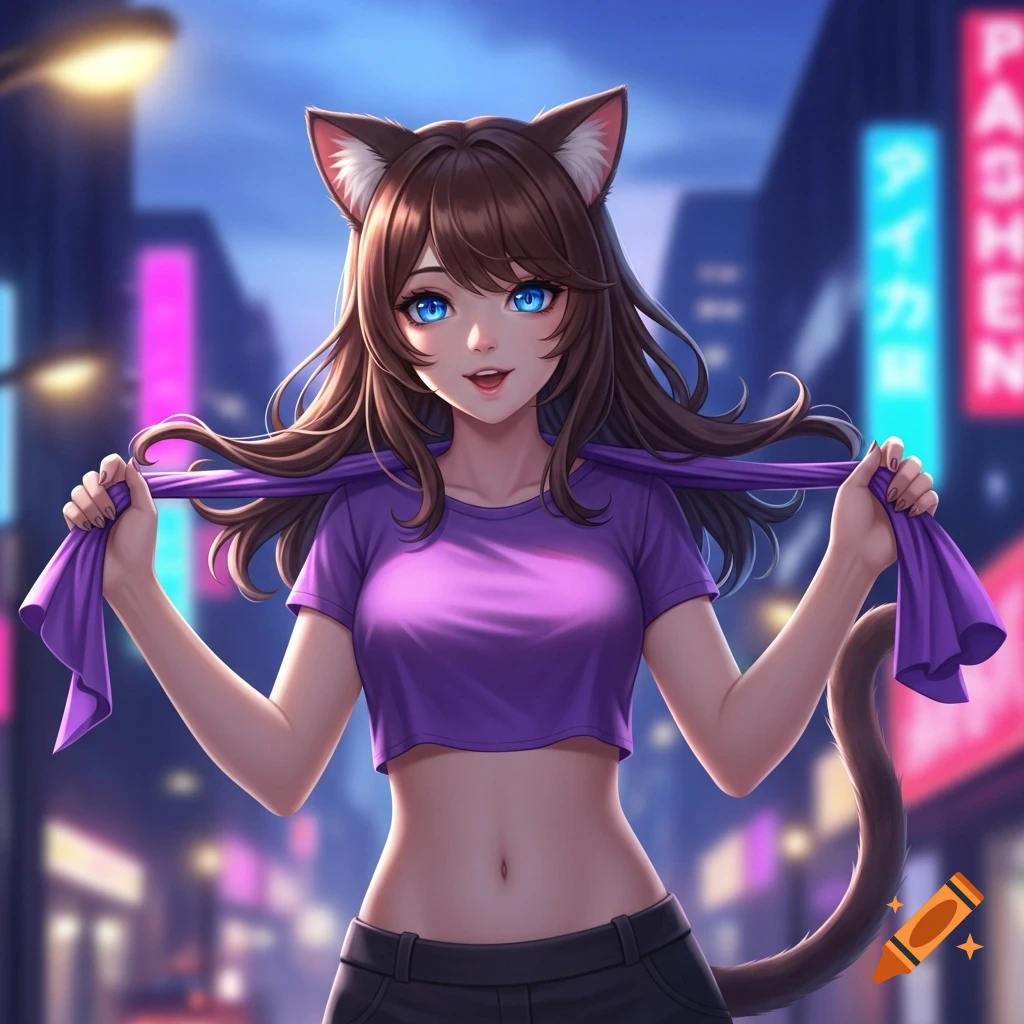 An anime cat girl with brown hair and blue eyes, wearing a purple crop top and black pants, holding a purple cloth, standing in a city at night with neon lights.