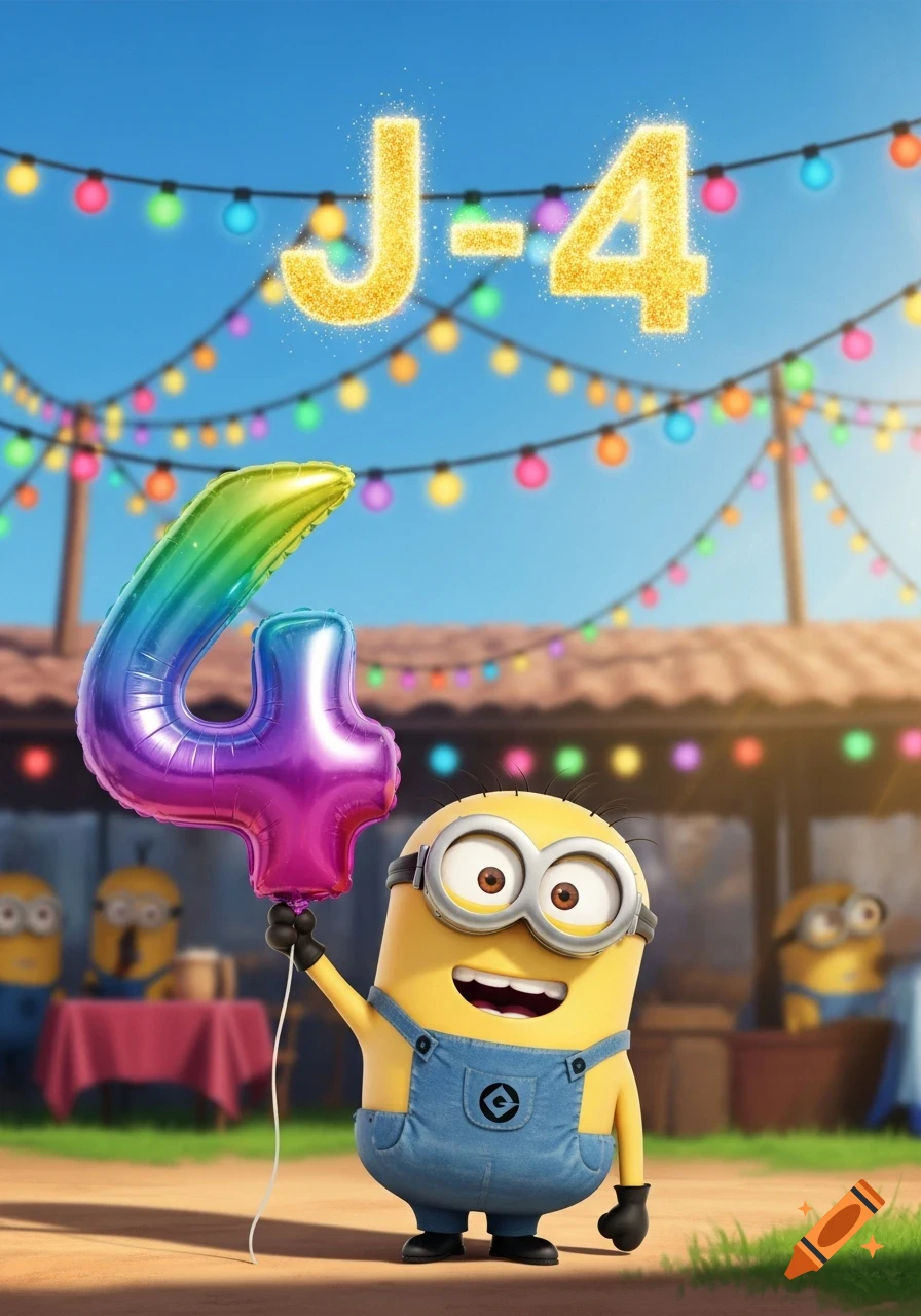 A happy Minion holds a rainbow number 4 balloon under a sky with glittery J-4 text and colorful string lights.