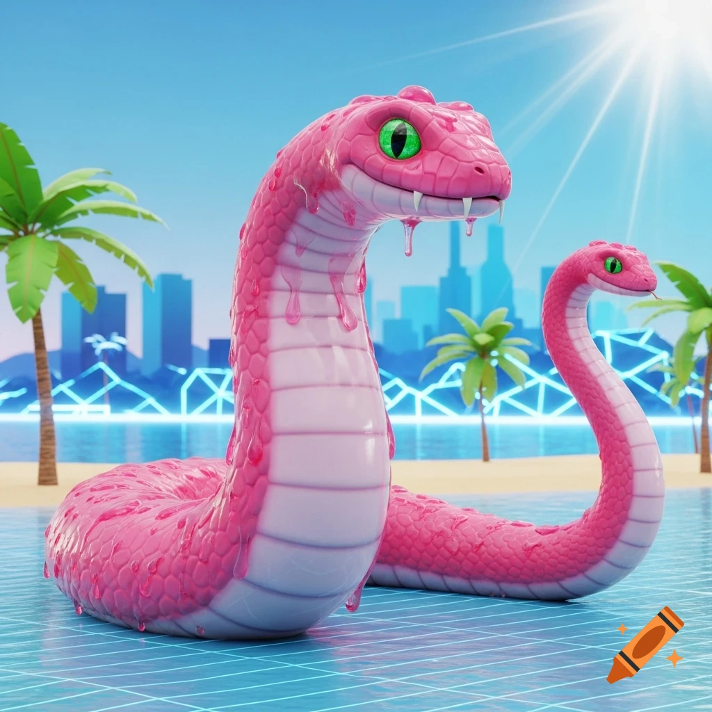 Two vibrant pink, gummy-textured snakes with bright green eyes float in a grid-patterned pool. A cyber beach with palm trees and a cityscape glows in the background under a sunny sky.