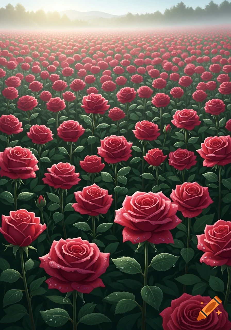 A vibrant field of countless red roses under a misty, sunlit sky, with detailed roses and water droplets in the foreground.