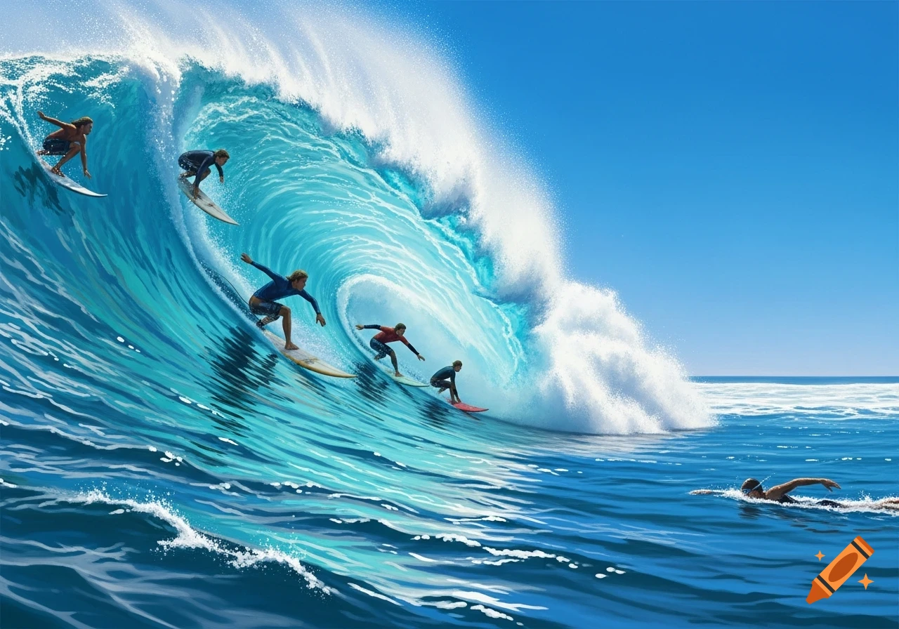 Five surfers ride a large turquoise wave, with a person swimming in the blue ocean nearby under a clear sky.