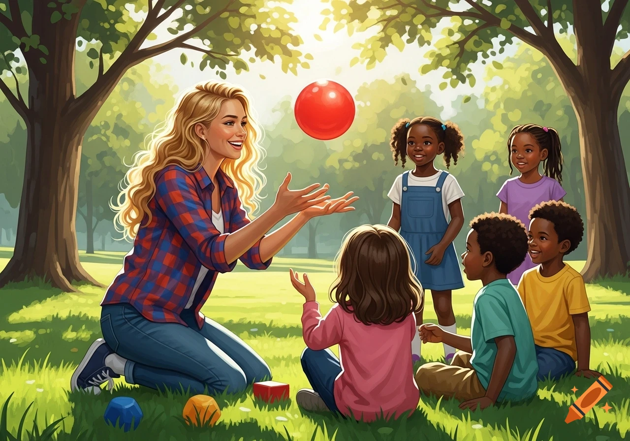 A blonde woman and diverse children happily play with a red ball in a sunny park. Vibrant illustration.