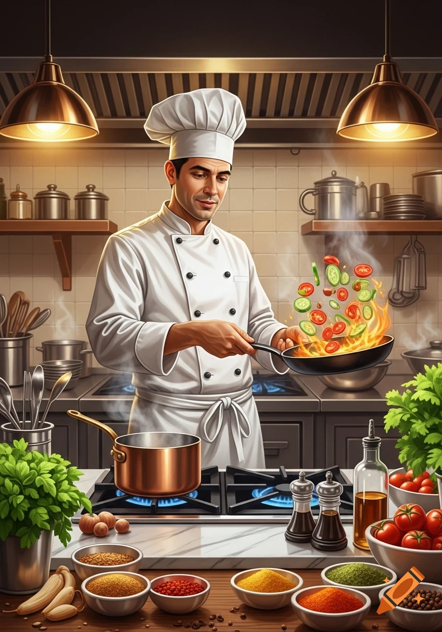 A male chef in a white uniform expertly tosses vegetables in a flaming pan in a busy kitchen with ingredients on the counter.