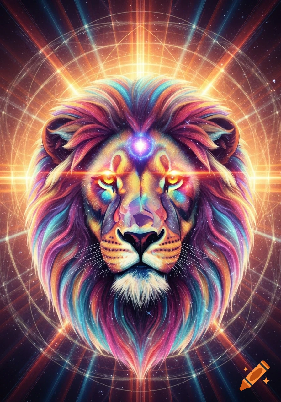 A vibrant, psychedelic lion's head with a rainbow-colored mane, glowing eyes, and cosmic energy radiating from its head.