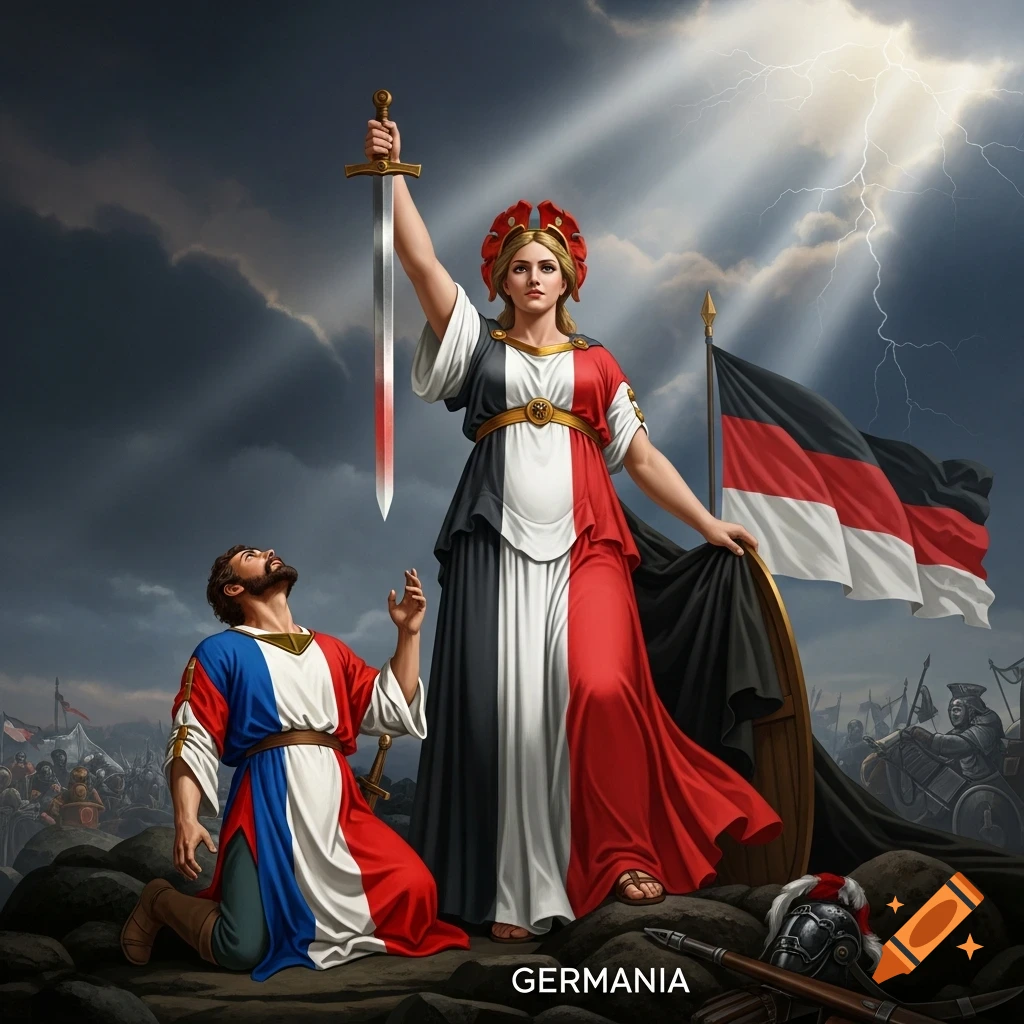 Epic painting of Germania, a woman in a black, white, and red dress holding a sword aloft, standing over a kneeling man.