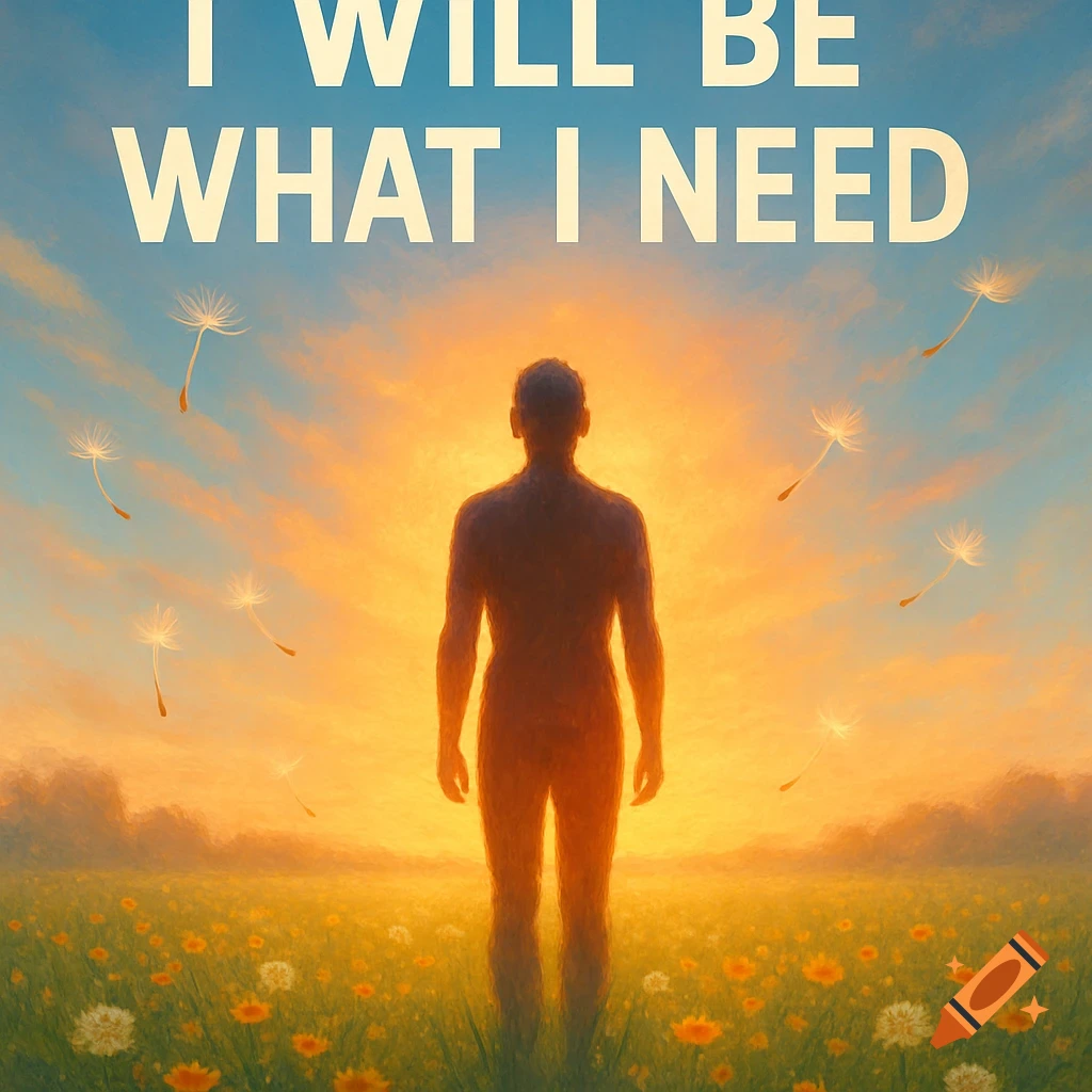 Silhouetted figure in a field of wildflowers at sunset with dandelion seeds. Text 'I WILL BE WHAT I NEED'.