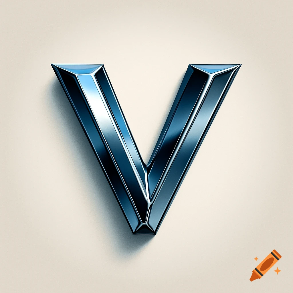 A glossy, metallic 3D letter V in blue and silver, casting a shadow on a light background.