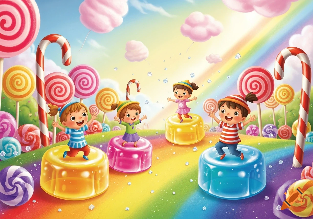 Whimsical children's book illustration of kids happily jumping on colorful gumdrops in a vibrant candy land with lollipops and a rainbow.