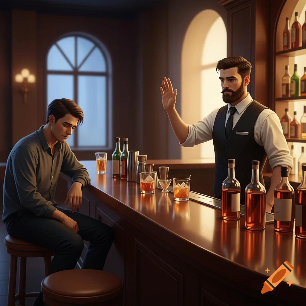 A sad guest sits at a dark bar as a bearded bartender raises a hand, refusing service. Bottles and glasses line the counter.