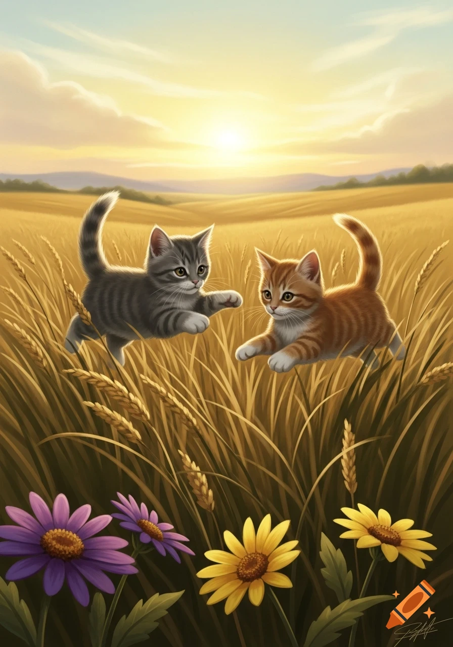 Two illustrated kittens play in a golden wheat field with purple and yellow flowers at sunset.