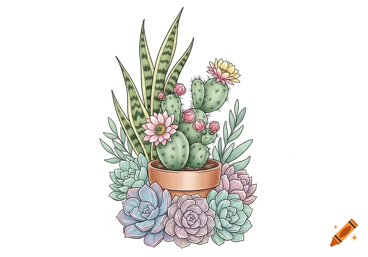 A colorful illustration of a potted cactus with pink and yellow blossoms, surrounded by various succulents and snake plants.