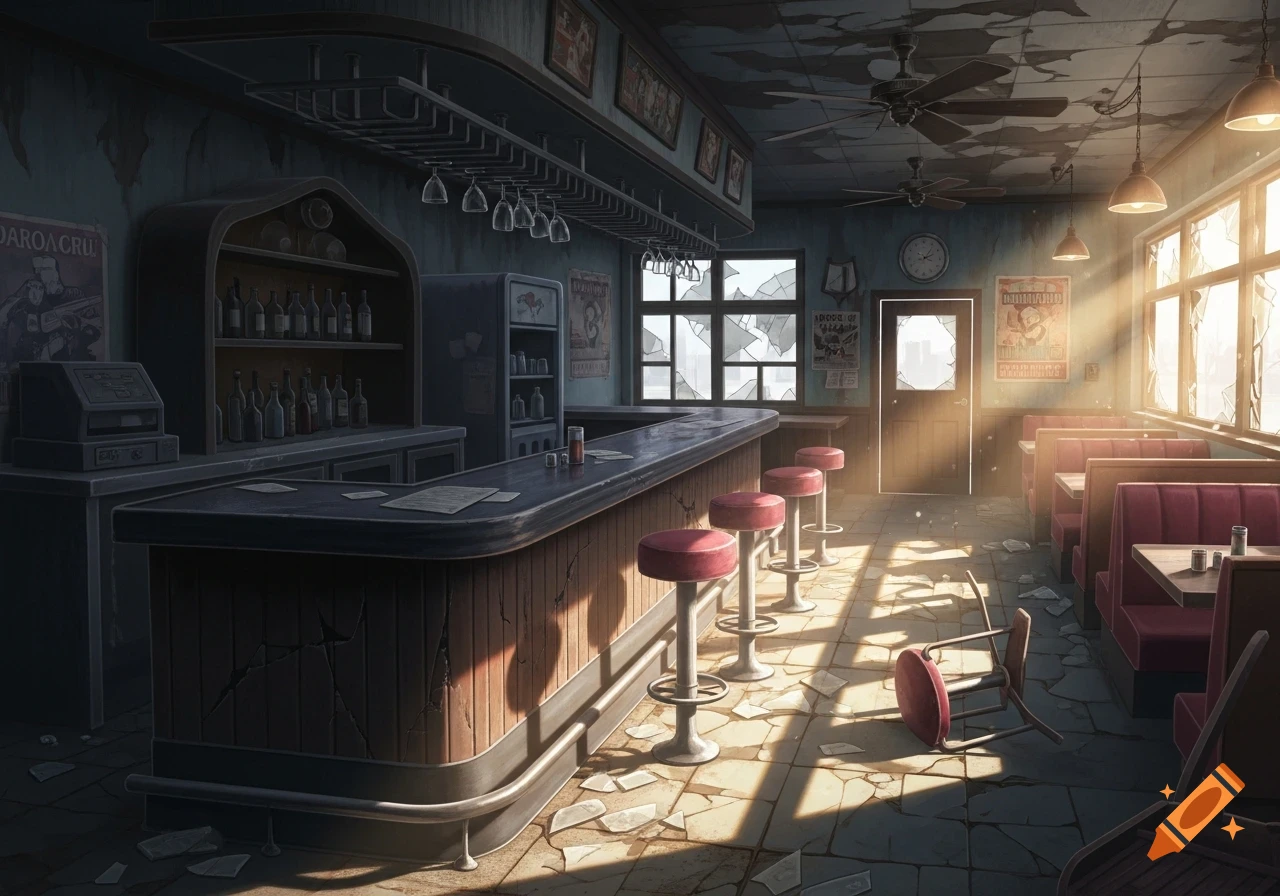 An abandoned, messy post-apocalyptic bar with broken windows and debris, bathed in bright sunlight, in anime art style.