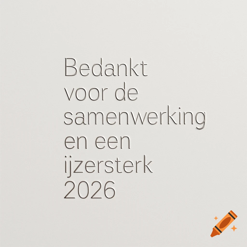 White background with embossed-style text that reads: 'Bedankt voor de samenwerking en een ijzersterk 2026'.