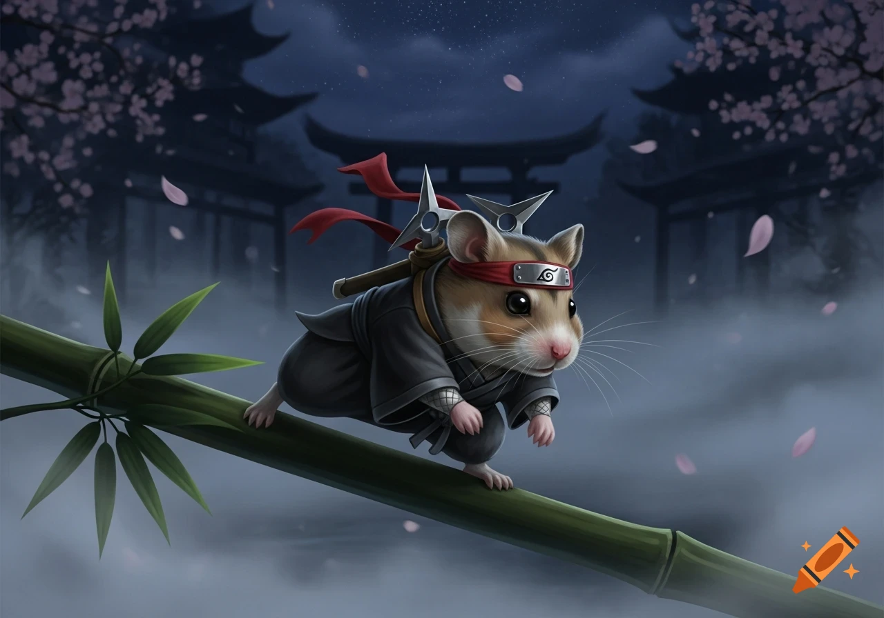 A cute hamster ninja crouches on a bamboo stalk at night, with traditional Japanese buildings and pink blossoms in the background.