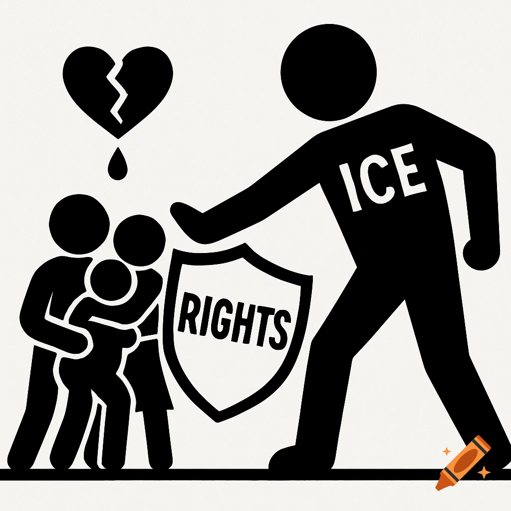 Black and white stick-figure art: a family with a broken heart, shielded by 'RIGHTS', pushed by a large figure labeled 'ICE'.