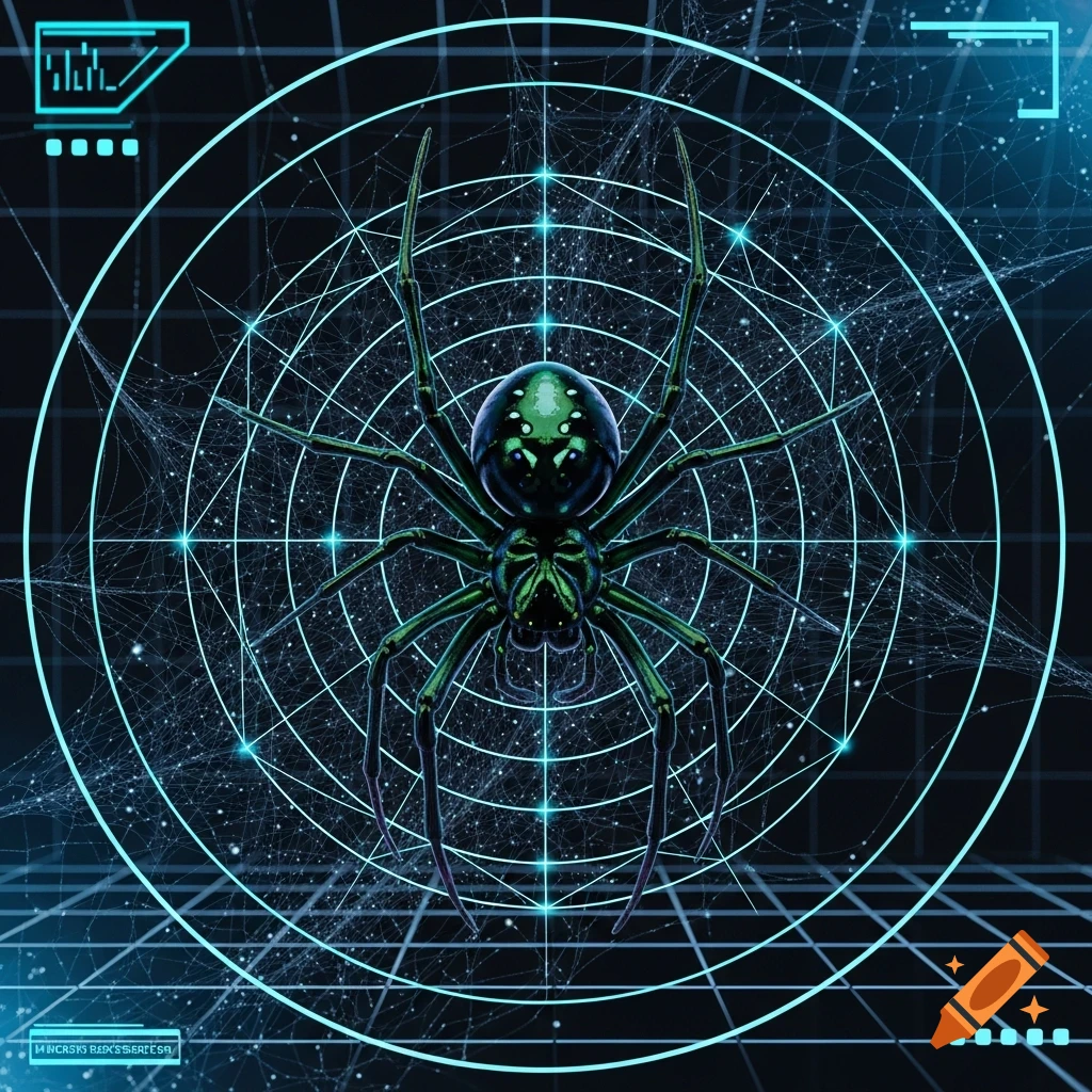 A metallic green spider with glowing eyes is centered on a blue holographic radar screen with web-like patterns, against a dark background.