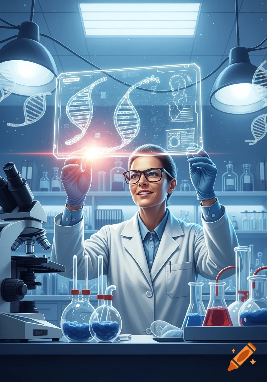 A smiling female scientist in a lab coat and glasses views glowing DNA structures on a holographic screen in a modern laboratory.