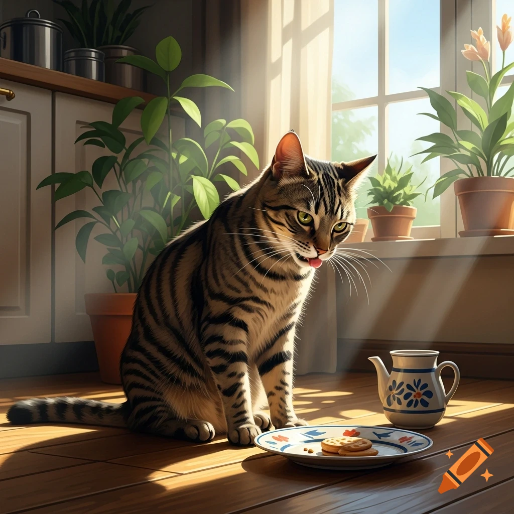 A tabby cat sits on a wooden floor, tongue slightly out, looking intently at cookies on a plate next to a small pitcher in a sunlit room with potted plants.