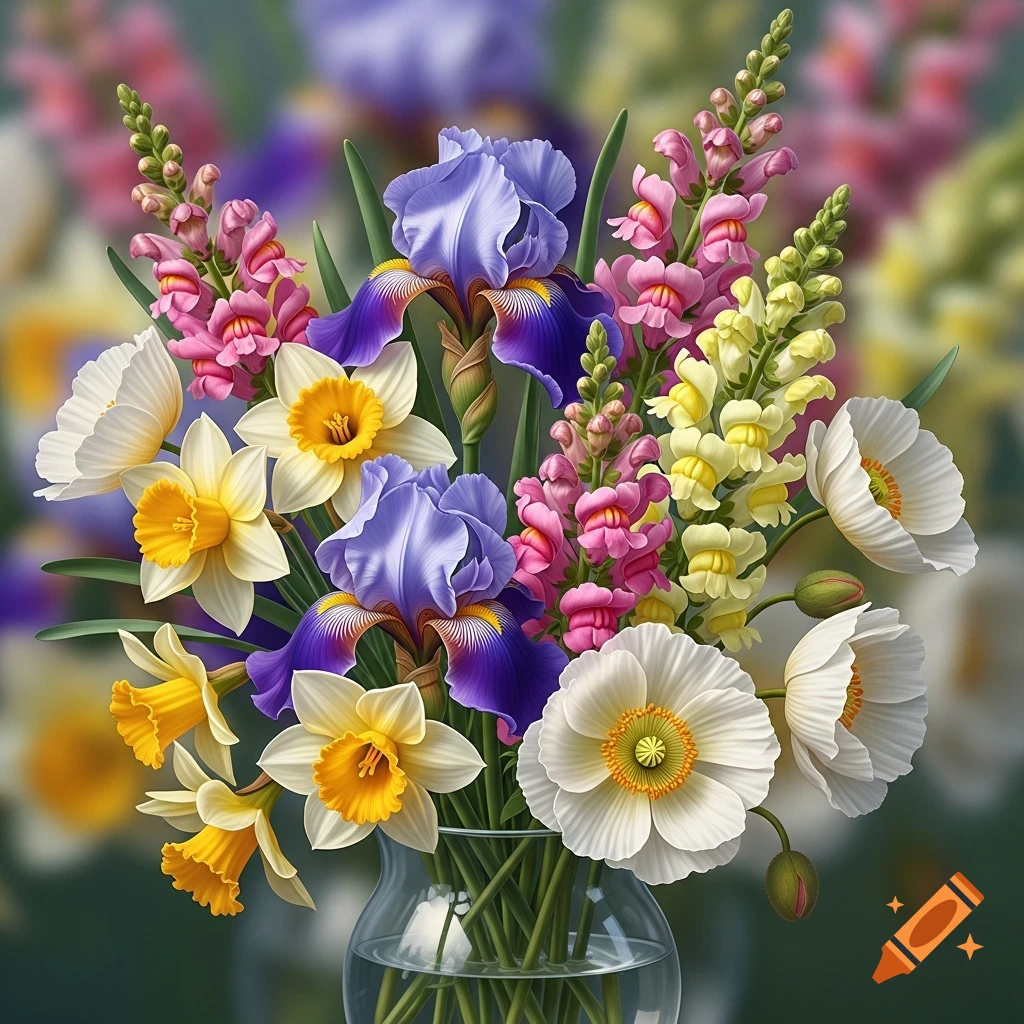 A vibrant bouquet featuring purple irises, yellow daffodils, white poppies, and pink and yellow snapdragons in a clear glass vase.