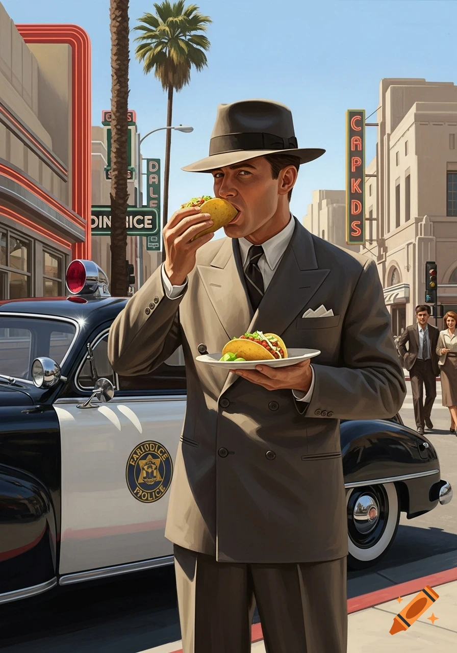 A man in a vintage suit and fedora eats a taco on a city street next to a classic police car in an illustrative style.