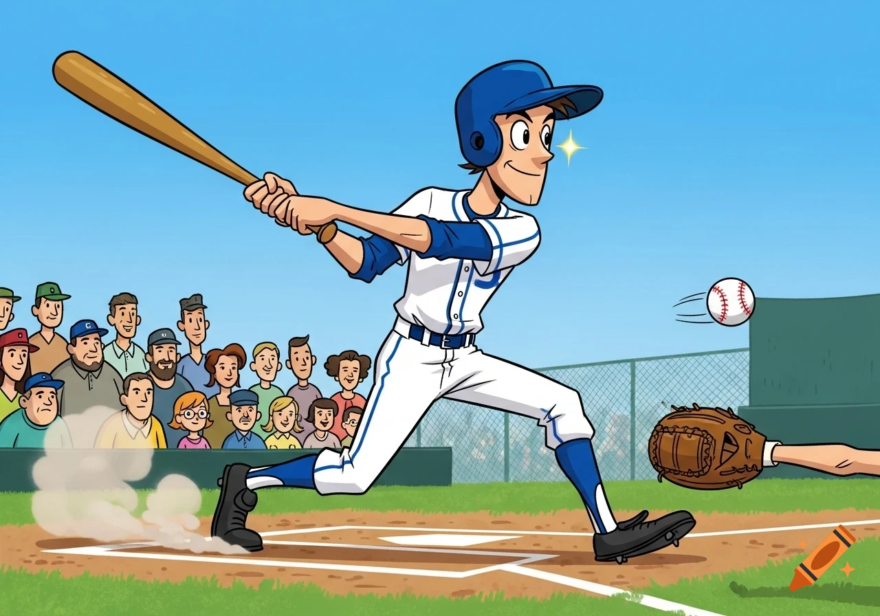 A cartoon baseball player in a blue and white uniform swings a bat, hitting a baseball on a sunny day. Spectators watch from the stands.