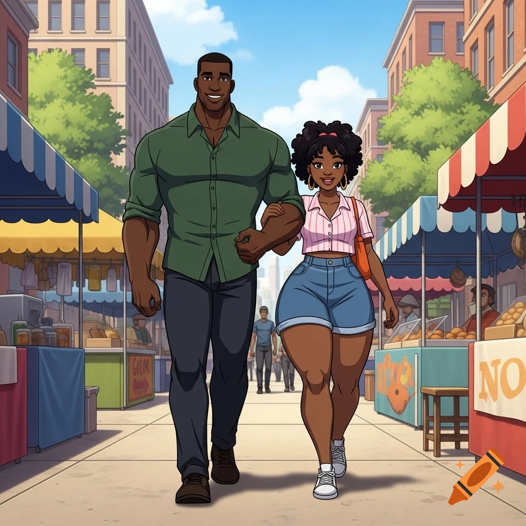 A muscular Black man in a green shirt and a curvy Black woman in a pink crop top and denim shorts walk arm-in-arm through a vibrant cartoon city market.