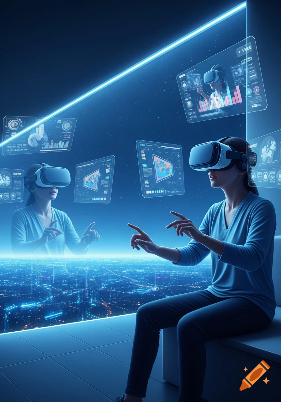 A woman wearing a VR headset interacts with multiple holographic screens displaying data, overlooking a futuristic city skyline at night.