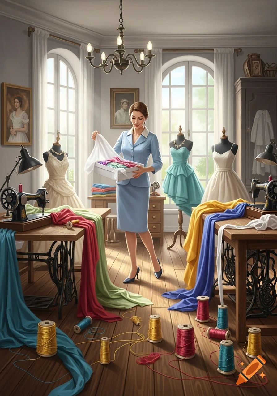 A woman in a blue suit unpacks colorful fabrics in a bright tailoring atelier with sewing machines and mannequins.