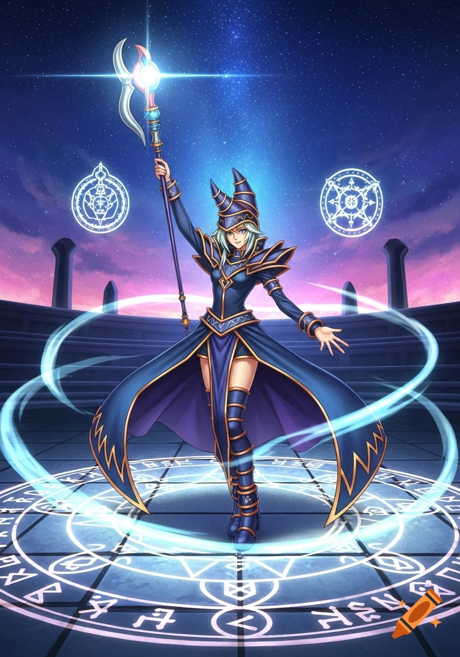 An anime-style female character, resembling Dark Magician Girl from Yu-Gi-Oh, in a blue and gold magical outfit and hat, holding a glowing staff. She stands on a platform with glowing runes, under a starry night sky with mystical symbols.