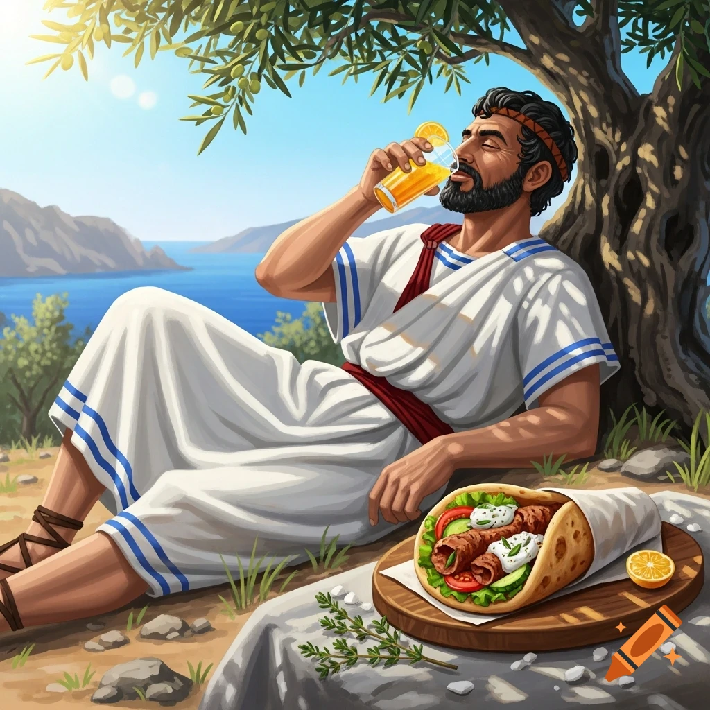 An ancient Greek man in a toga relaxes under an olive tree, drinking orange juice, with a gyro wrap on a wooden board next to him. A sunny seaside landscape is in the background.