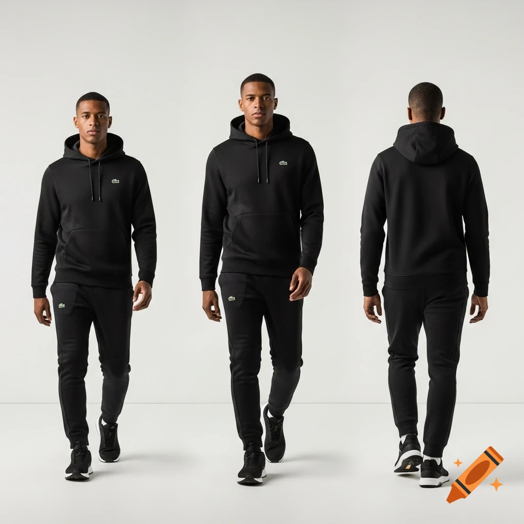 Three full-body views of a man wearing a black Lacoste hoodie and black track pants against a white background, featuring front, angled, and rear perspectives.