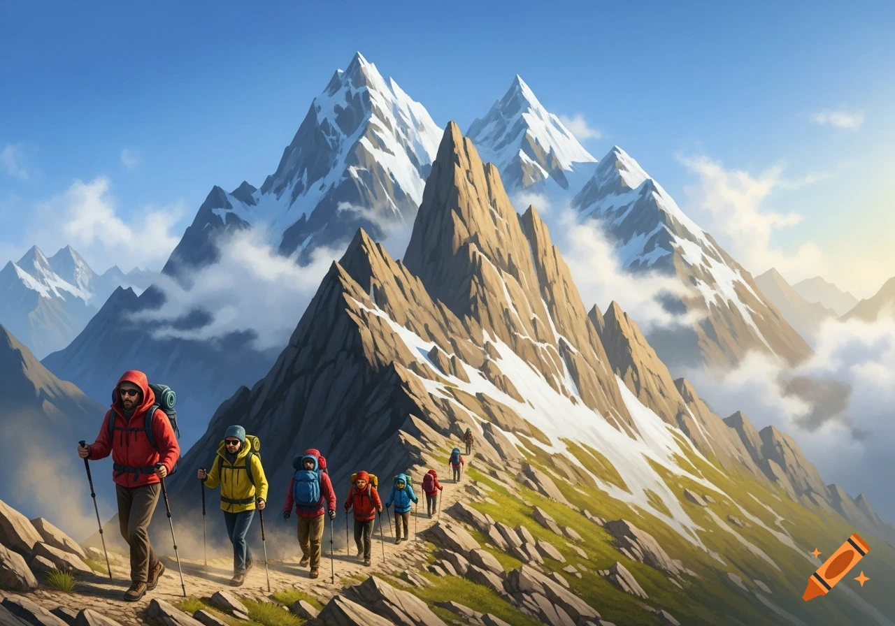A line of hikers with backpacks and trekking poles ascend a rocky mountain trail towards snow-capped peaks under a blue sky.