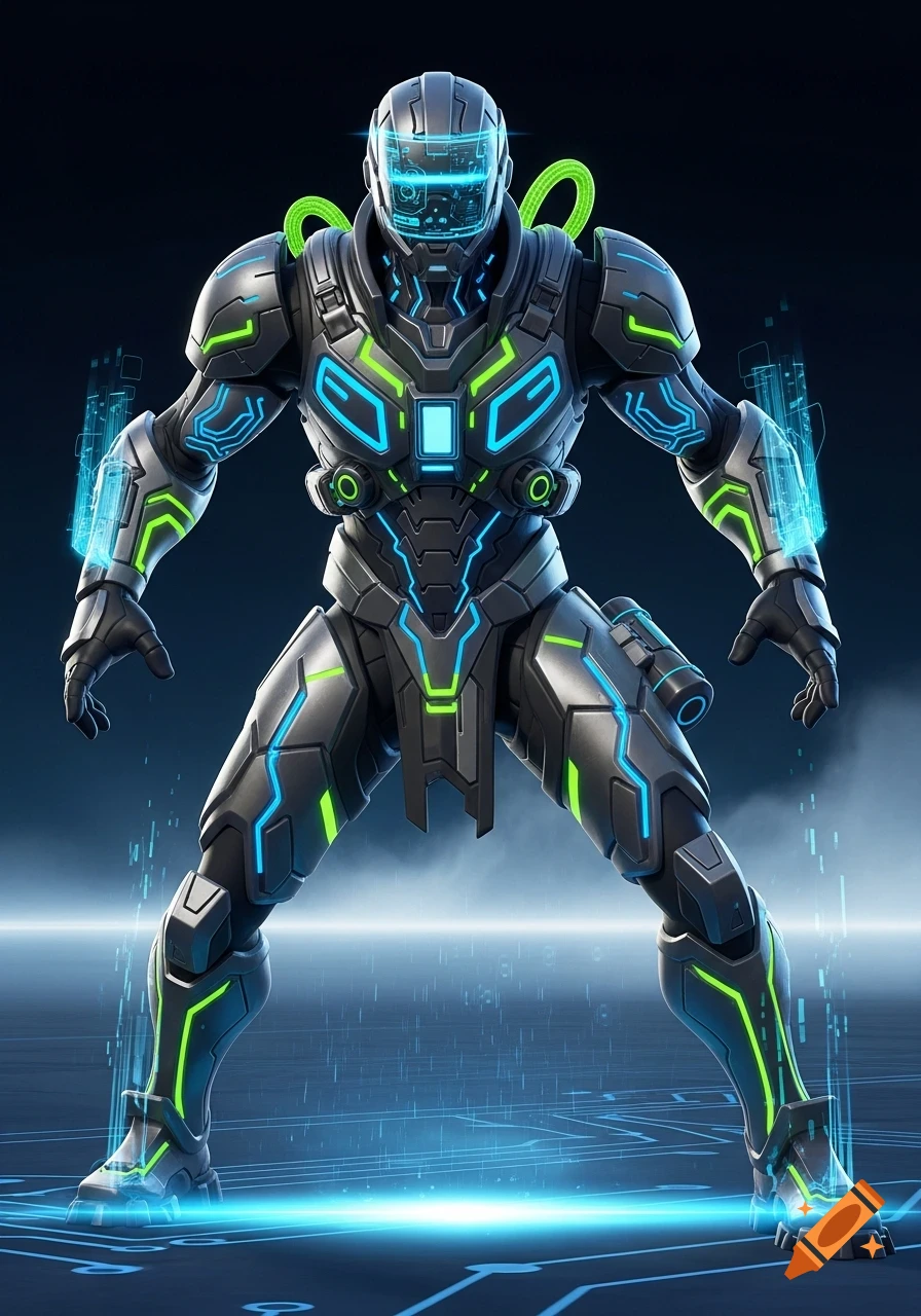 A futuristic robot character in dark gray armor with neon blue and green lights, standing on a glowing circuit-patterned ground.