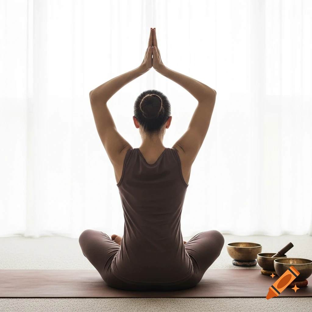 Photorealistic rear view of a woman meditating in cross-legged yoga pose with hands above head, singing bowls on a mat.