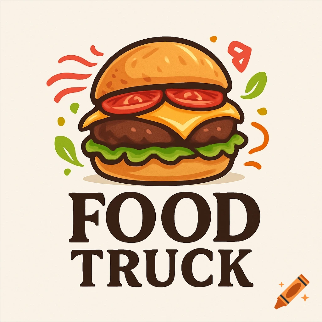 A cartoon logo features a layered burger with cheese, tomato, and lettuce, above the bold text 'FOOD TRUCK'.