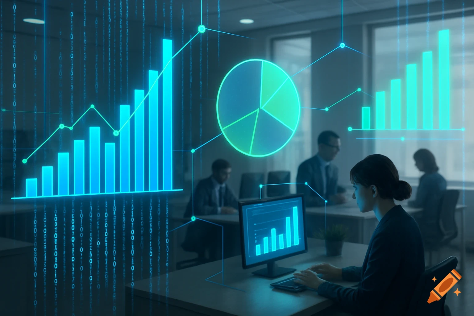 A woman types on a computer in a modern office, surrounded by glowing blue and green holographic bar charts, pie graphs, and binary code overlays.