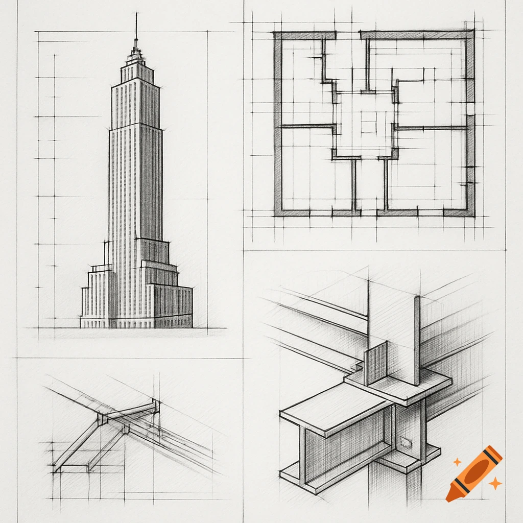 Four technical drawings on a grid: a skyscraper elevation, a floor plan, and two structural details.