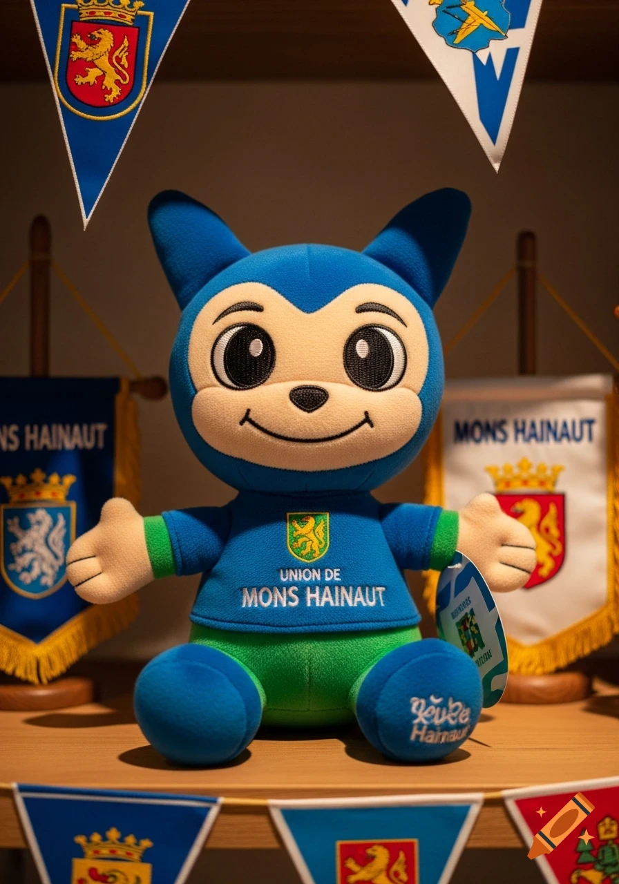 A blue and green plush toy mascot with big eyes and a smile, wearing a shirt that says "UNION DE MONS HAINAUT," surrounded by small flags.