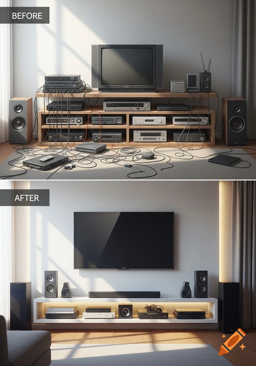 A side-by-side comparison shows a cluttered entertainment center with tangled wires before, and a clean, organized, wall-mounted TV setup after.
