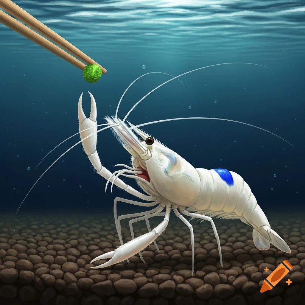 A white shrimp with a blue patch on its back stands on pebbly ground underwater, reaching a claw towards chopsticks holding a green food pellet.