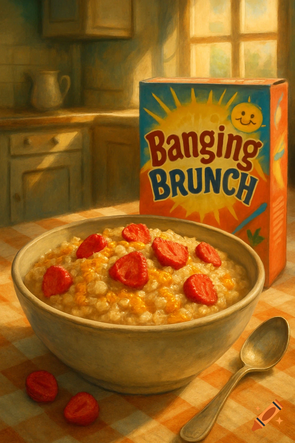 A bowl of oats with strawberries and honey on a checkered tablecloth, next to a "Banging BRUNCH" cereal box, in a sunlit kitchen.