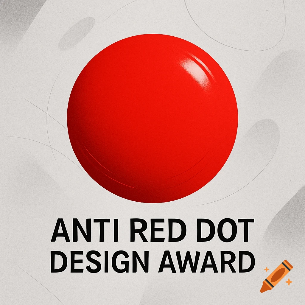 A vibrant red glossy circle above the bold black text "ANTI RED DOT DESIGN AWARD" on a textured light grey background with subtle abstract shapes.