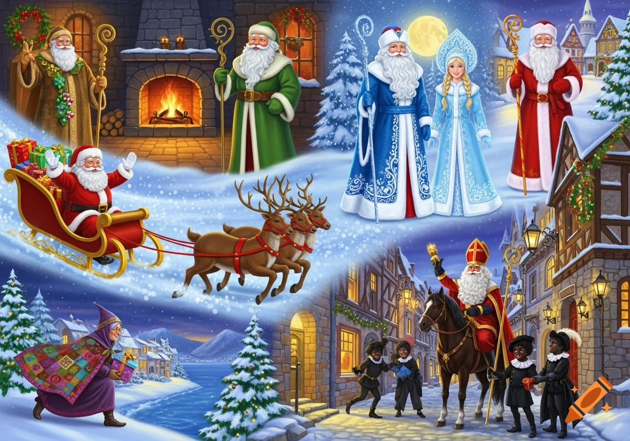 A collage showing various global holiday figures: American Santa in sleigh, green-robed Father Christmas, Russian Ded Moroz and Snegurochka, Sinterklaas with Zwarte Pieten, and La Befana.